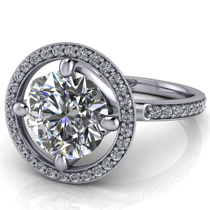 Fire Brilliance Rings Melanie Round Center Stone Diamond Halo and Shoulders Ring