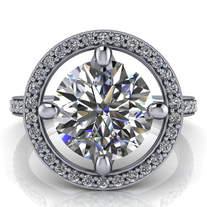 Fire Brilliance Rings Melanie Round Center Stone Diamond Halo and Shoulders Ring