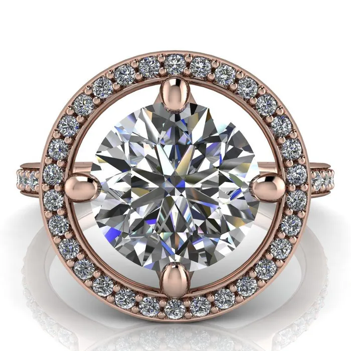 Fire Brilliance Rings Melanie Round Center Stone Diamond Halo and Shoulders Ring