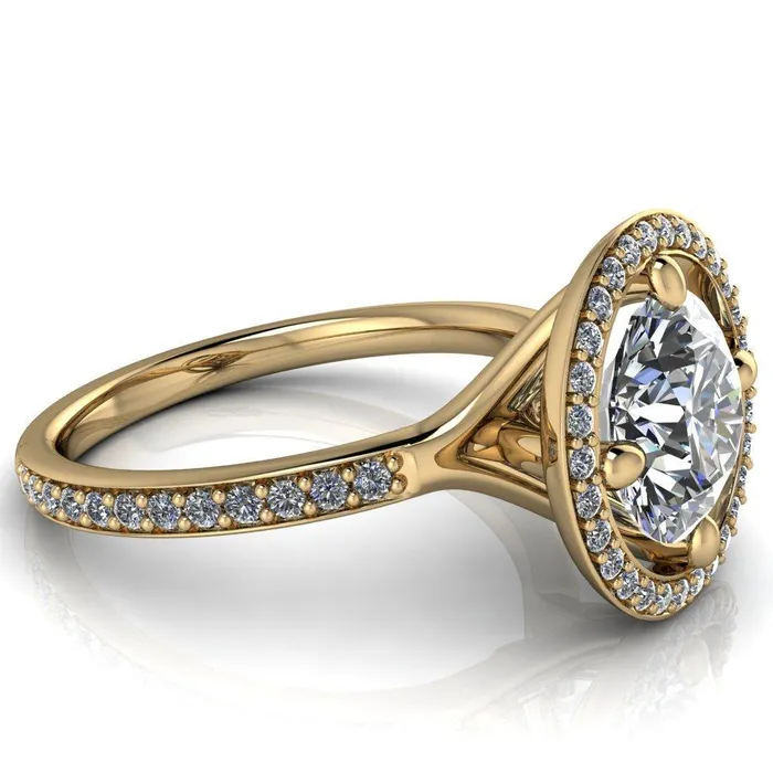 Fire Brilliance Rings Melanie Round Center Stone Diamond Halo and Shoulders Ring