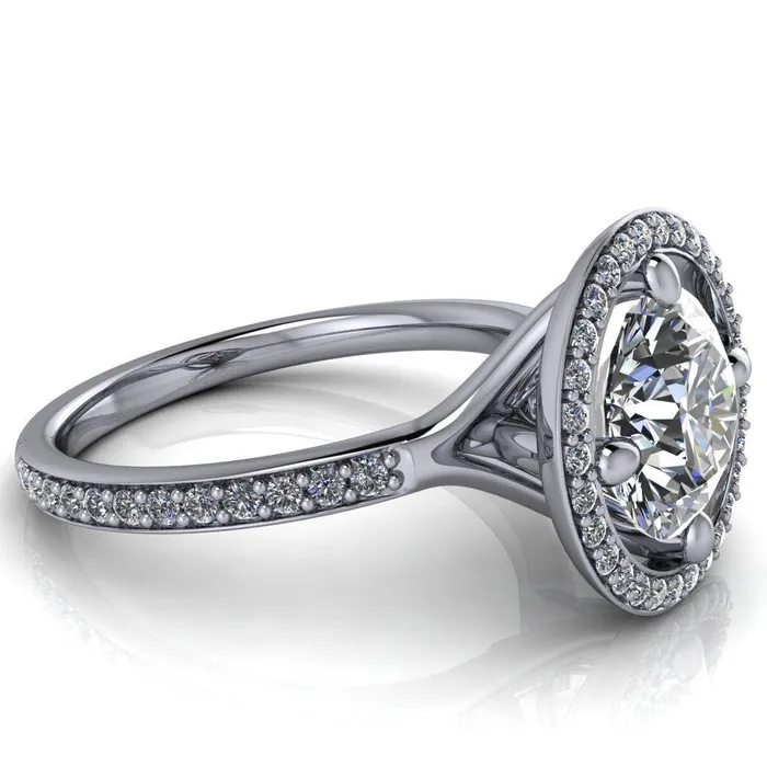 Fire Brilliance Rings Melanie Round Center Stone Diamond Halo and Shoulders Ring