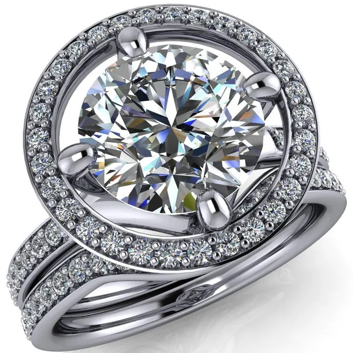 Fire Brilliance Rings Melanie Round Center Stone Diamond Halo and Shoulders Ring