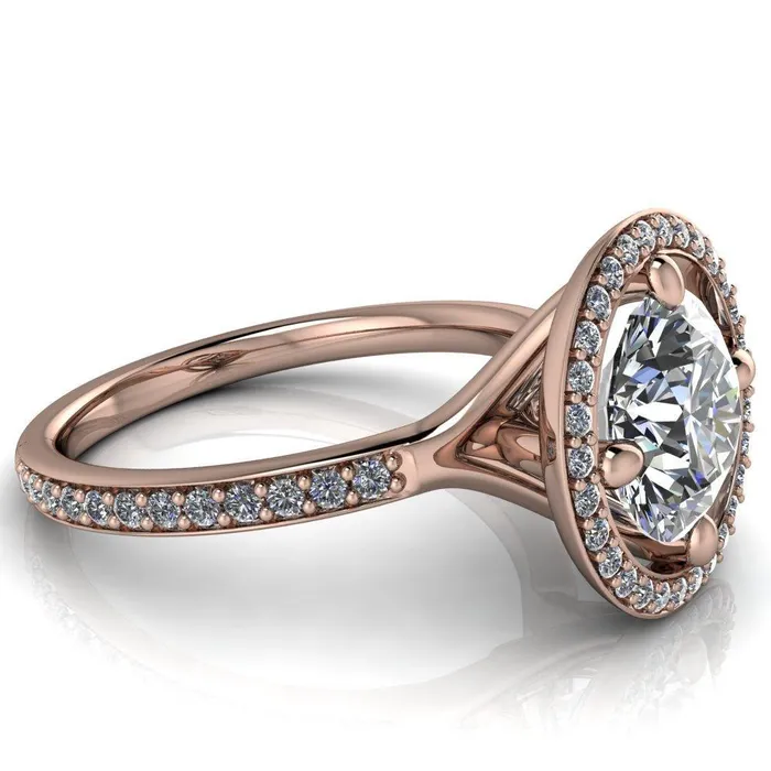 Fire Brilliance Rings Melanie Round Center Stone Diamond Halo and Shoulders Ring
