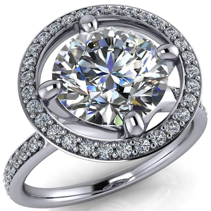 Fire Brilliance Rings Melanie Round Center Stone Diamond Halo and Shoulders Ring