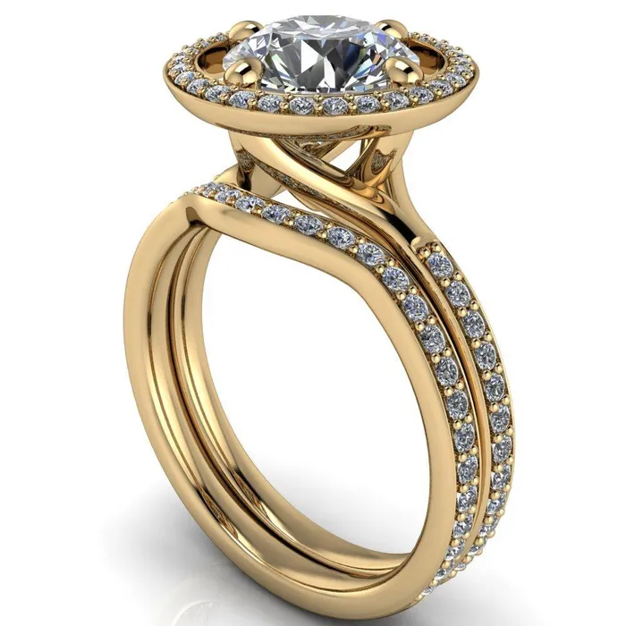 Fire Brilliance Rings Melanie Round Center Stone Diamond Halo and Shoulders Ring