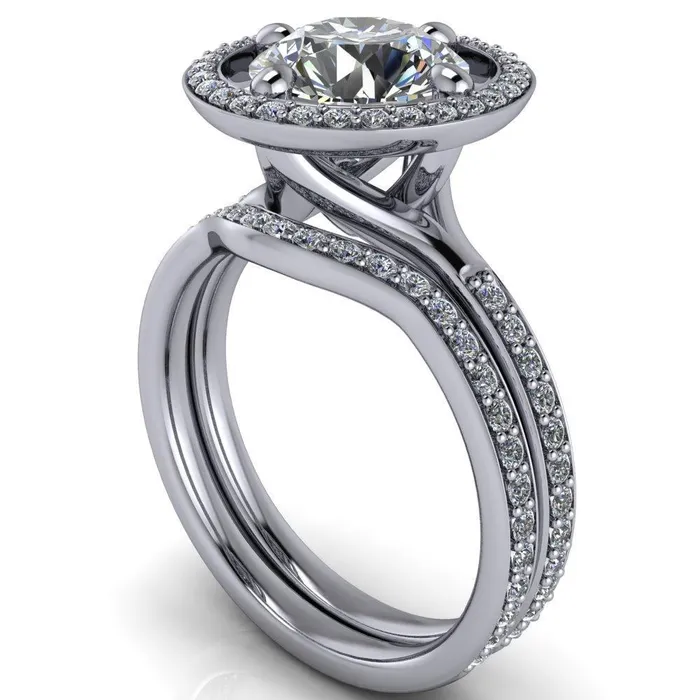 Fire Brilliance Rings Melanie Round Center Stone Diamond Halo and Shoulders Ring