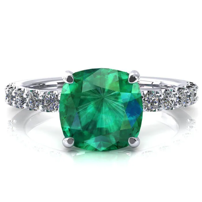 Fire Brilliance Rings Mylene Cushion Emerald 4 Prong Sculptural Half Eternity Diamond Engagement Ring Fire Brilliance Rings Mylene Cushion Emerald 4 Prong Sculptural Half Eternity Diamond Engagement Ring