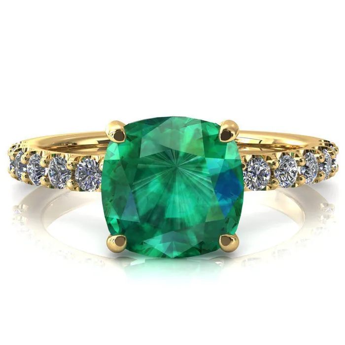 Fire Brilliance Rings Mylene Cushion Emerald 4 Prong Sculptural Half Eternity Diamond Engagement Ring