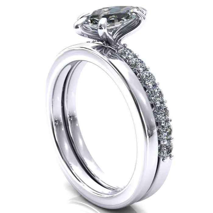 Fire Brilliance Rings Mylene Marquise Center Stone 6 Prong Sculptural Half Eternity Diamond Engagement Ring