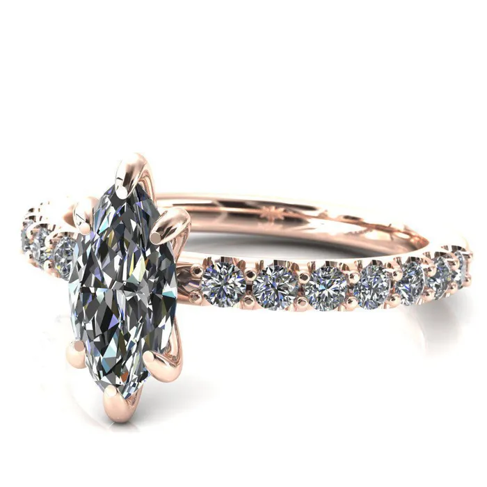 Fire Brilliance Rings Mylene Marquise Center Stone 6 Prong Sculptural Half Eternity Diamond Engagement Ring