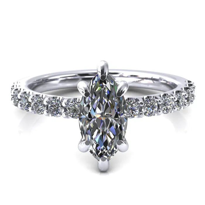 Fire Brilliance Rings Mylene Marquise Center Stone 6 Prong Sculptural Half Eternity Diamond Engagement Ring