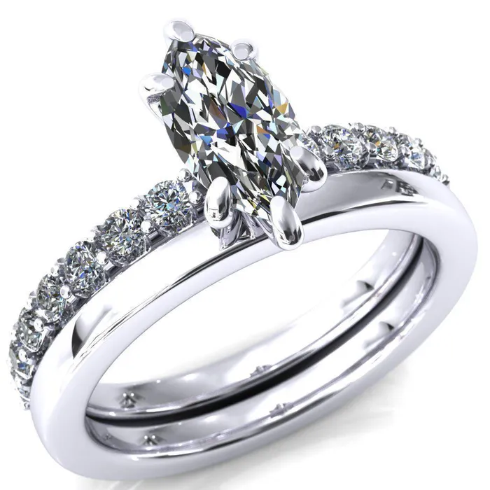 Fire Brilliance Rings Mylene Marquise Center Stone 6 Prong Sculptural Half Eternity Diamond Engagement Ring