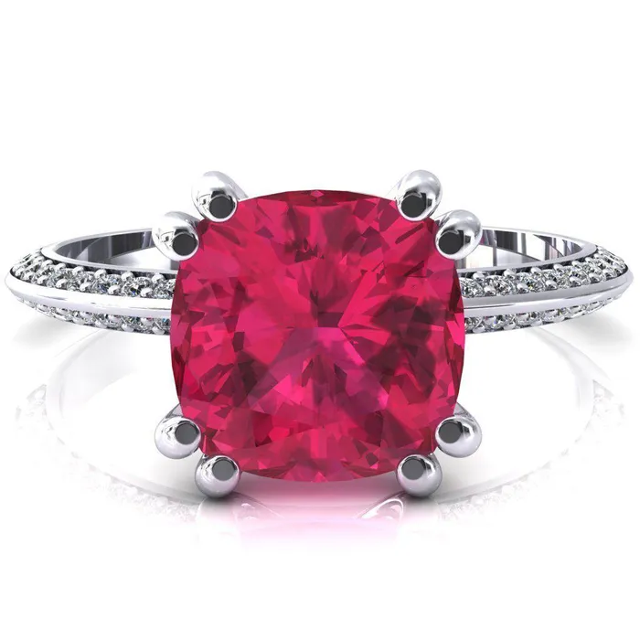 Fire Brilliance Rings Nancy Cushion Ruby 4 Double Prong 12 Eternity Diamond Knife Shank Accent Engagement Ring Fire Brilliance Rings Nancy Cushion Ruby 4 Double Prong 12 Eternity Diamond Knife Shank Accent Engagement Ring