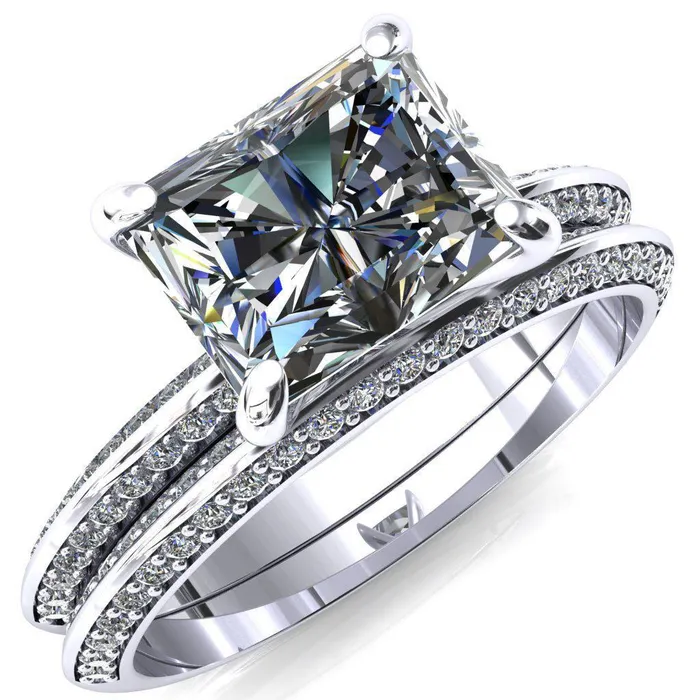 Fire Brilliance Rings Nancy Radiant Center Stone EastWest 4 Prong 12 Eternity Diamond Knife Shank Accent Engagement Ring