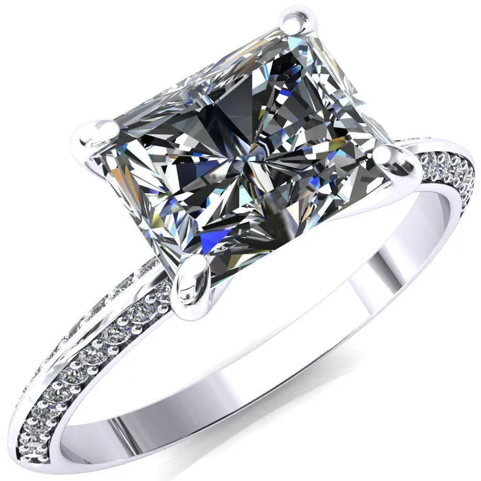 Fire Brilliance Rings Nancy Radiant Center Stone EastWest 4 Prong 12 Eternity Diamond Knife Shank Accent Engagement Ring