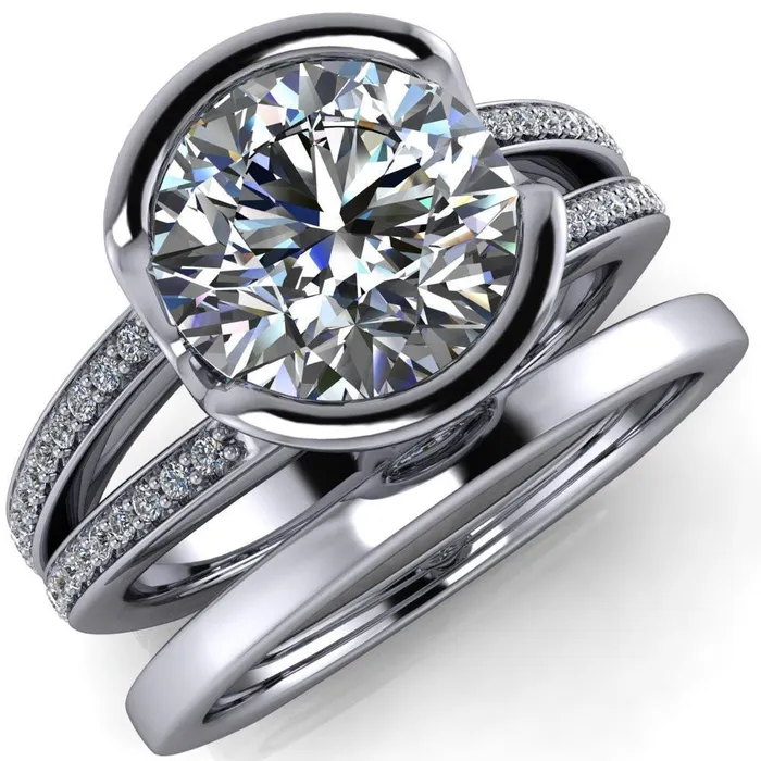 Fire Brilliance Rings Pippin Round Center Stone Half Bezel Split Diamond Channel Shank Engagement Ring Fire Brilliance Rings Pippin Round Center Stone Half Bezel Split Diamond Channel Shank Engagement Ring