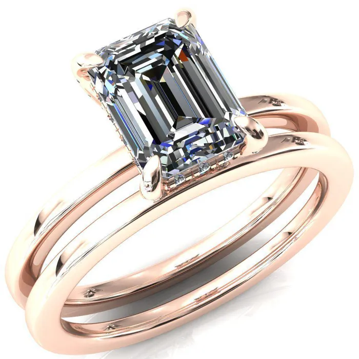 Fire Brilliance Rings Rosy Emerald Moissanite 4 Claw Prong Single Rail Micropave Engagement Ring
