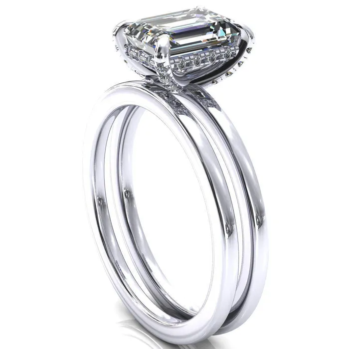 Fire Brilliance Rings Rosy Emerald Moissanite 4 Claw Prong Single Rail Micropave Engagement Ring