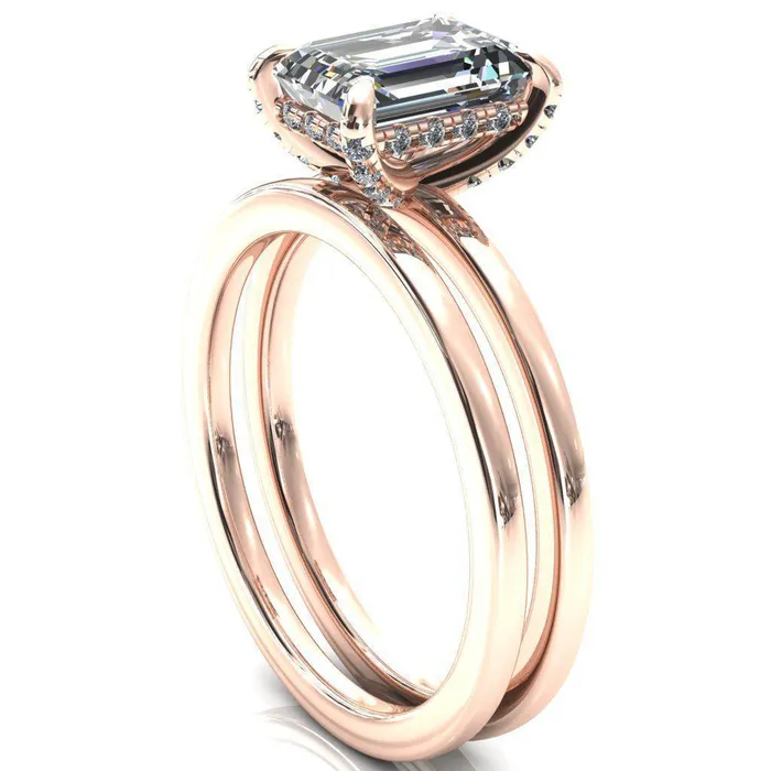 Fire Brilliance Rings Rosy Emerald Moissanite 4 Claw Prong Single Rail Micropave Engagement Ring