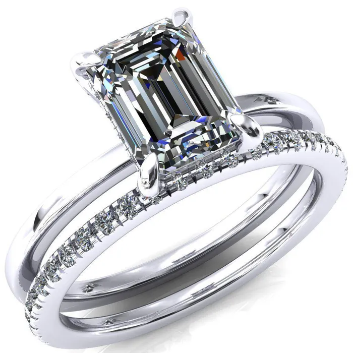 Fire Brilliance Rings Rosy Emerald Moissanite 4 Claw Prong Single Rail Micropave Engagement Ring
