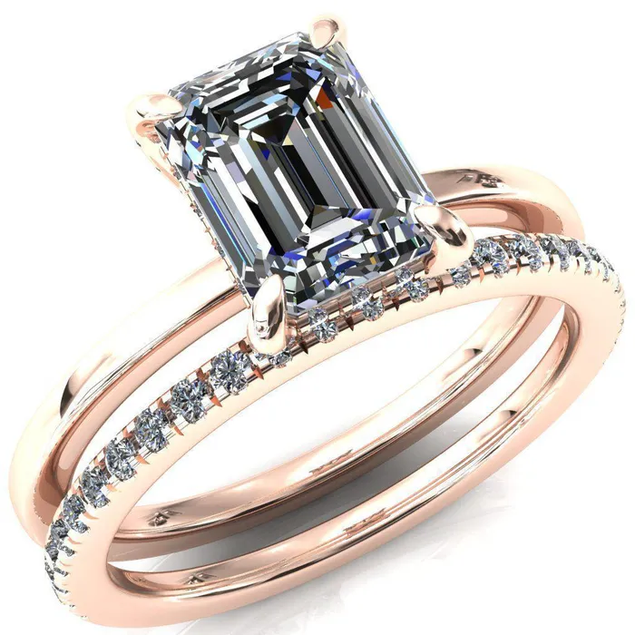 Fire Brilliance Rings Rosy Emerald Moissanite 4 Claw Prong Single Rail Micropave Engagement Ring