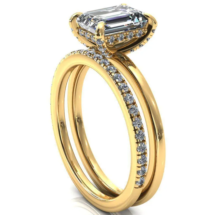 Fire Brilliance Rings Rosy Emerald Moissanite 4 Claw Prong Single Rail Micropave Engagement Ring
