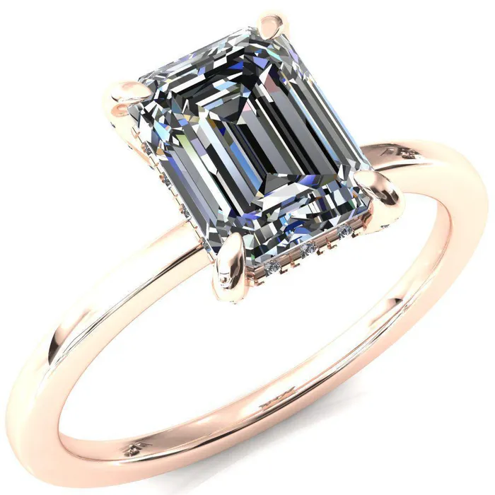 Fire Brilliance Rings Rosy Emerald Moissanite 4 Claw Prong Single Rail Micropave Engagement Ring