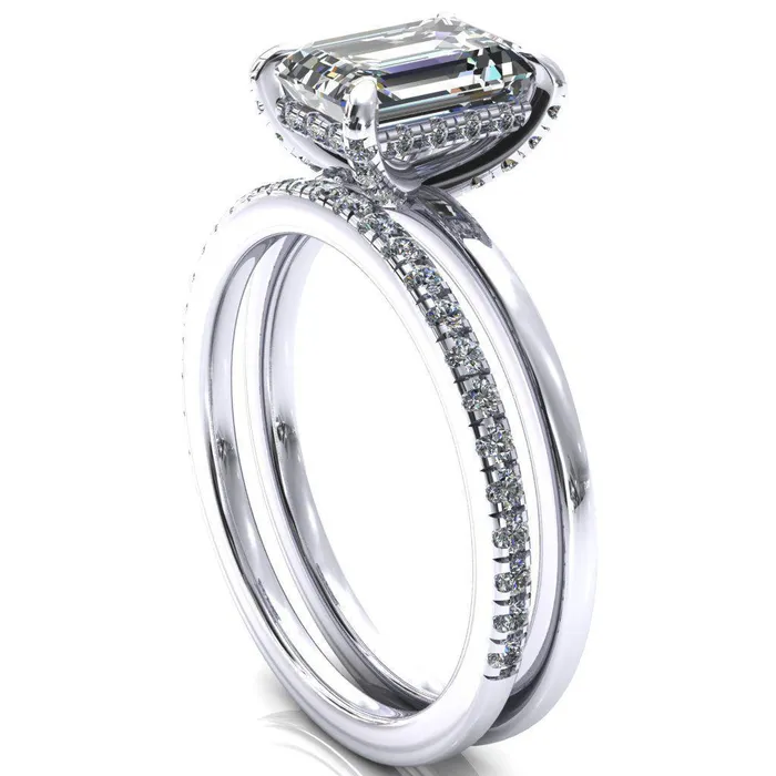 Fire Brilliance Rings Rosy Emerald Moissanite 4 Claw Prong Single Rail Micropave Engagement Ring