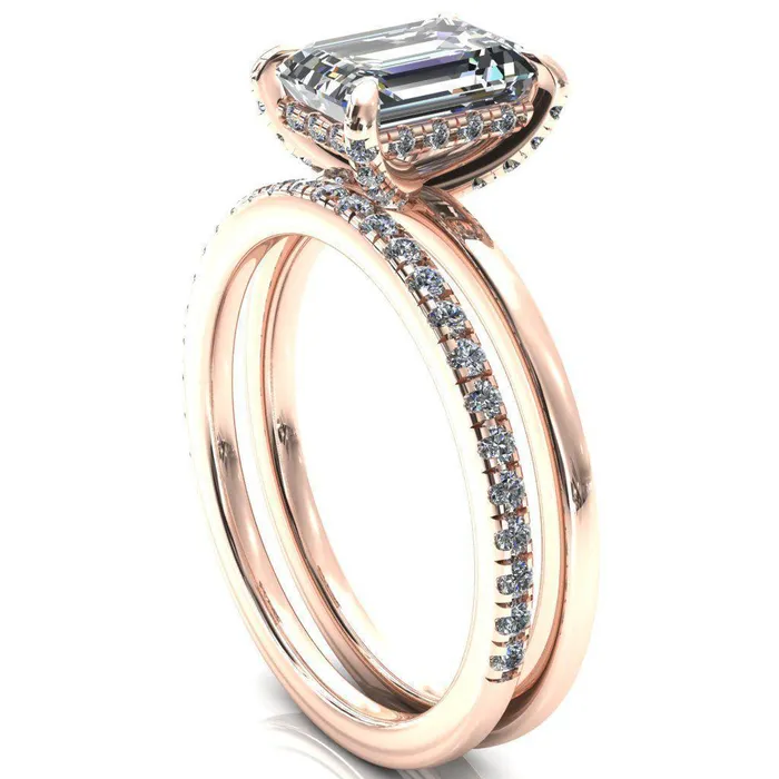 Fire Brilliance Rings Rosy Emerald Moissanite 4 Claw Prong Single Rail Micropave Engagement Ring