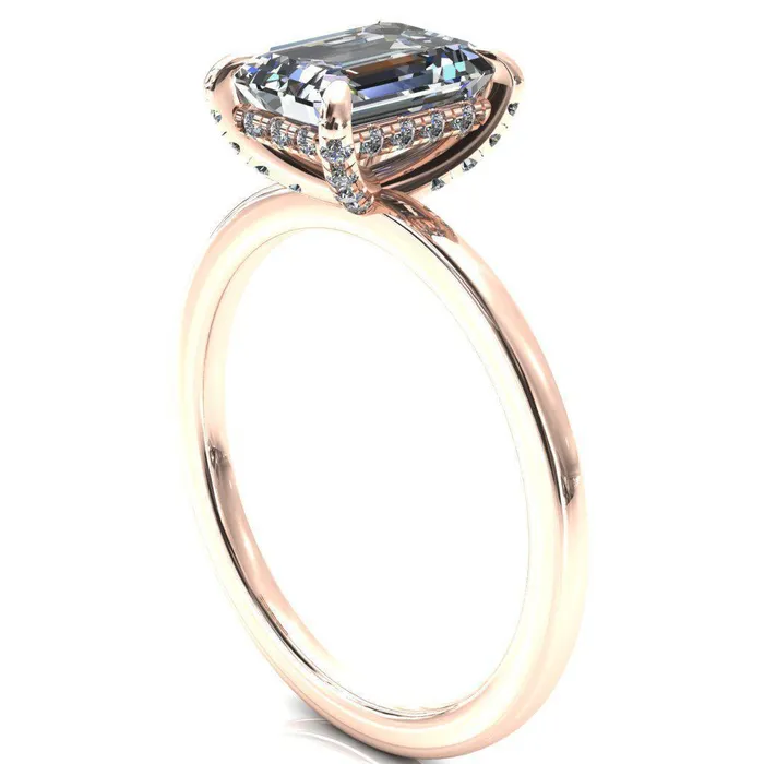 Fire Brilliance Rings Rosy Emerald Moissanite 4 Claw Prong Single Rail Micropave Engagement Ring