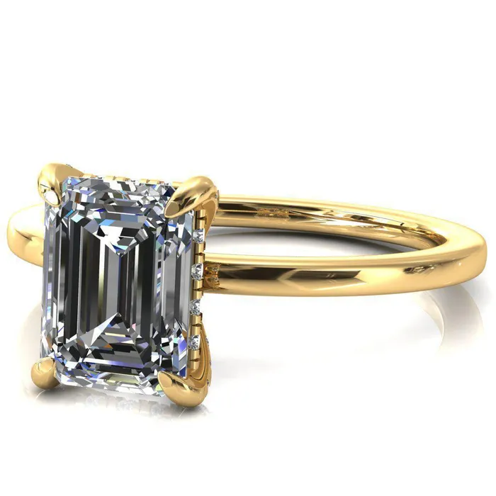 Fire Brilliance Rings Rosy Emerald Moissanite 4 Claw Prong Single Rail Micropave Engagement Ring