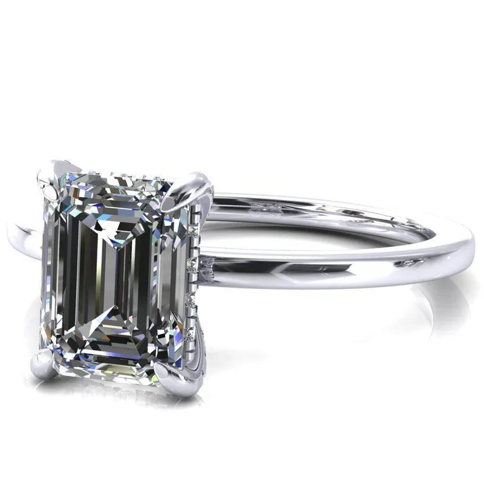 Fire Brilliance Rings Rosy Emerald Moissanite 4 Claw Prong Single Rail Micropave Engagement Ring