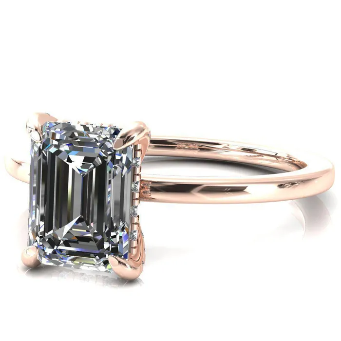 Fire Brilliance Rings Rosy Emerald Moissanite 4 Claw Prong Single Rail Micropave Engagement Ring