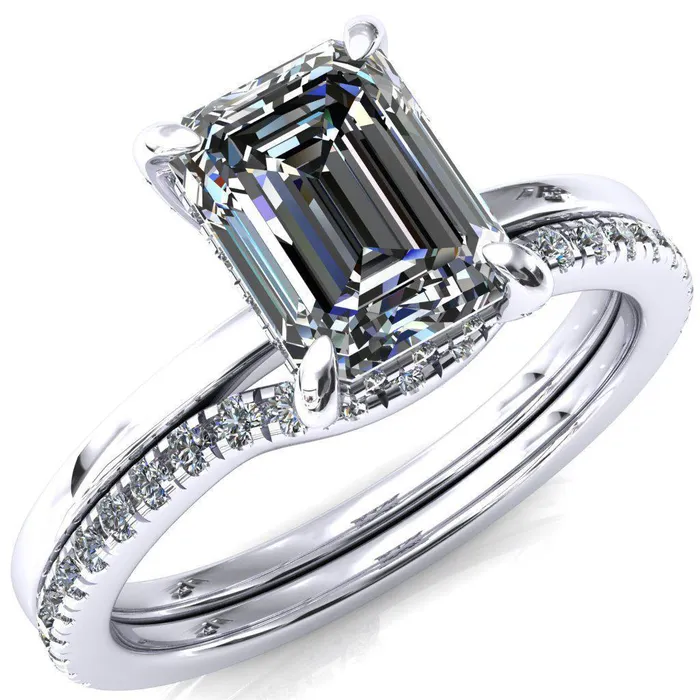 Fire Brilliance Rings Rosy Emerald Moissanite 4 Claw Prong Single Rail Micropave Engagement Ring