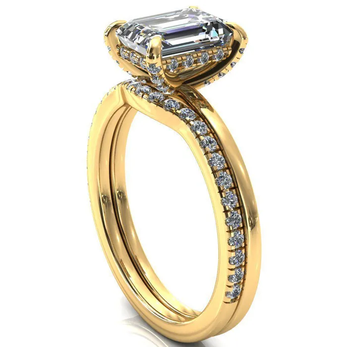 Fire Brilliance Rings Rosy Emerald Moissanite 4 Claw Prong Single Rail Micropave Engagement Ring