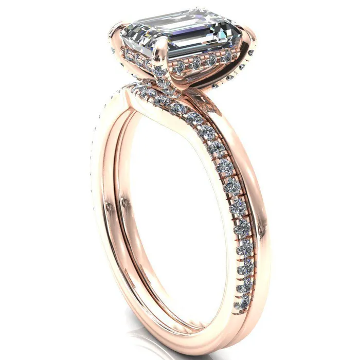 Fire Brilliance Rings Rosy Emerald Moissanite 4 Claw Prong Single Rail Micropave Engagement Ring