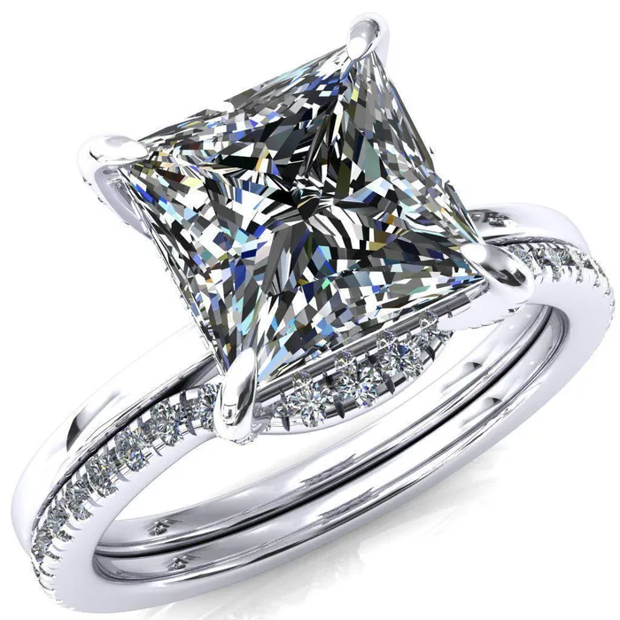 Fire Brilliance Rings Rosy PrincessSquare Moissanite 4 Claw Prong Single Rail Micropave Engagement Ring Fire Brilliance Rings Rosy PrincessSquare Moissanite 4 Claw Prong Single Rail Micropave Engagement Ring