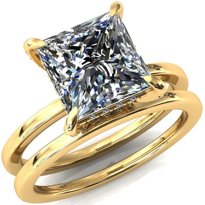 Fire Brilliance Rings Rosy PrincessSquare Moissanite 4 Claw Prong Single Rail Micropave Engagement Ring