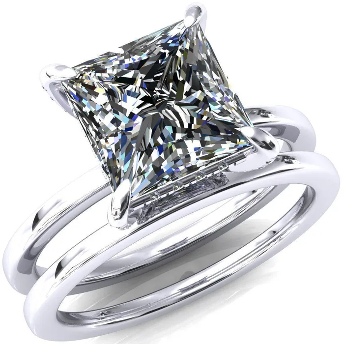 Fire Brilliance Rings Rosy PrincessSquare Moissanite 4 Claw Prong Single Rail Micropave Engagement Ring