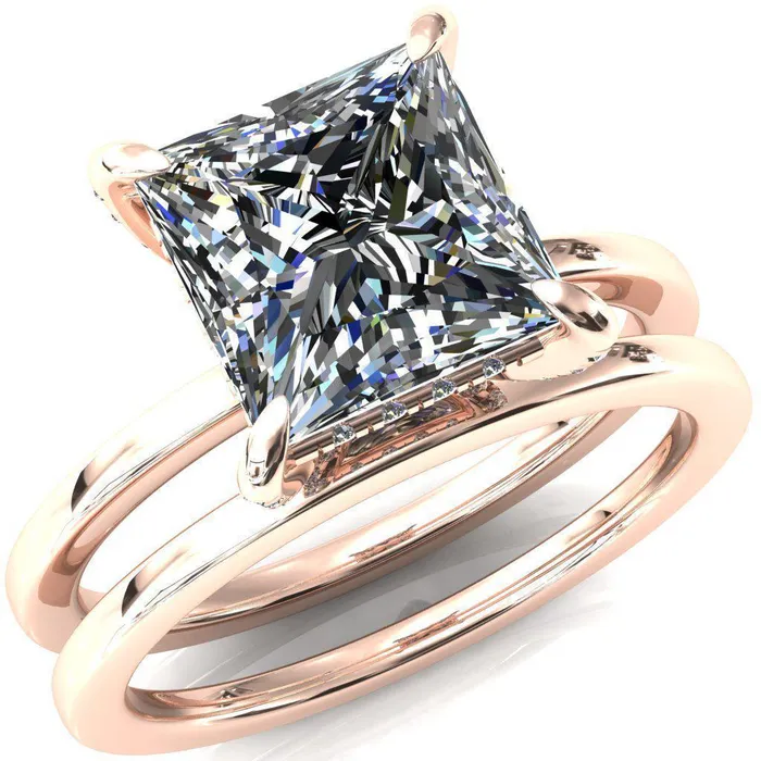 Fire Brilliance Rings Rosy PrincessSquare Moissanite 4 Claw Prong Single Rail Micropave Engagement Ring