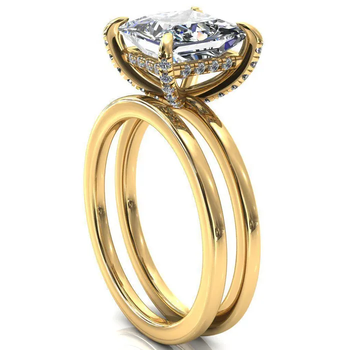 Fire Brilliance Rings Rosy PrincessSquare Moissanite 4 Claw Prong Single Rail Micropave Engagement Ring