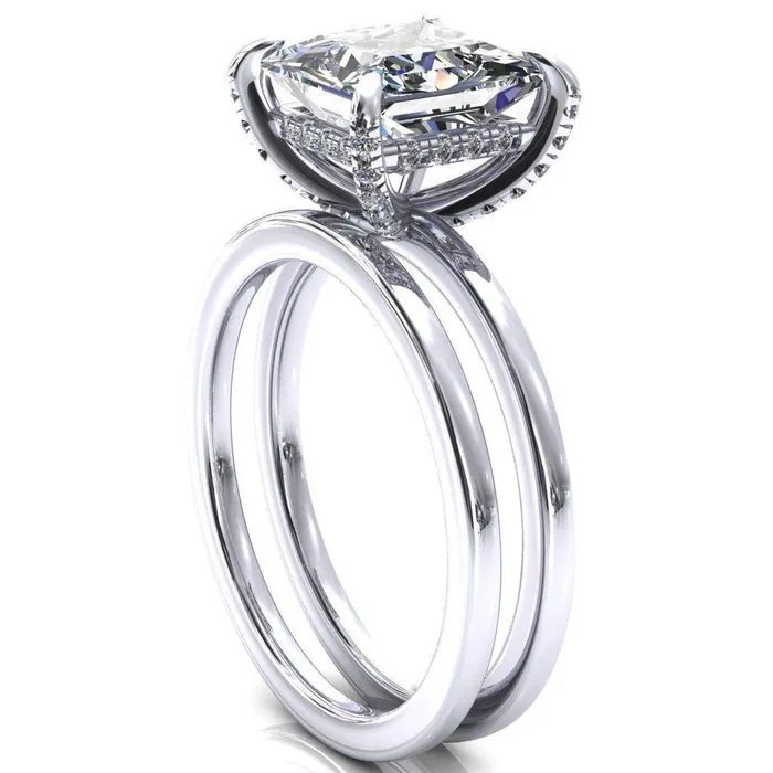 Fire Brilliance Rings Rosy PrincessSquare Moissanite 4 Claw Prong Single Rail Micropave Engagement Ring