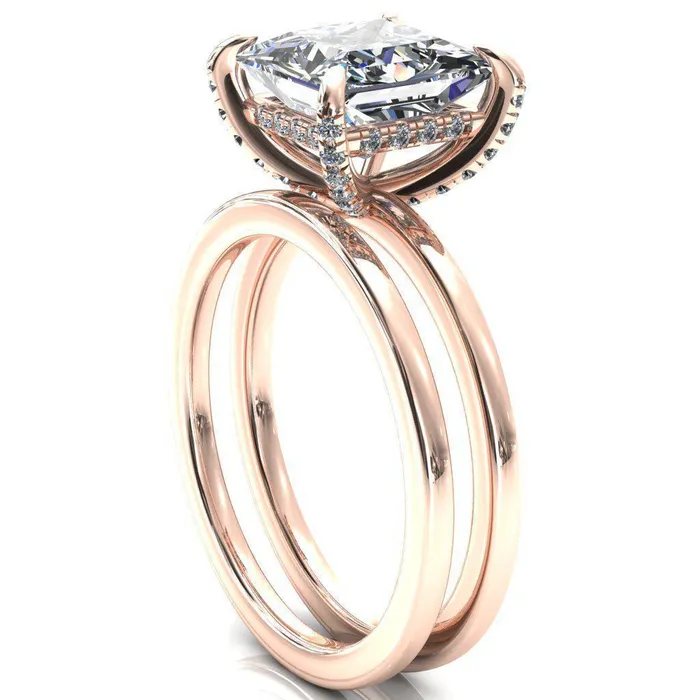Fire Brilliance Rings Rosy PrincessSquare Moissanite 4 Claw Prong Single Rail Micropave Engagement Ring