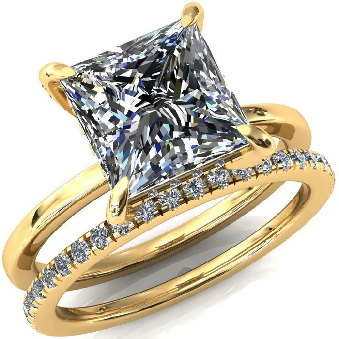 Fire Brilliance Rings Rosy PrincessSquare Moissanite 4 Claw Prong Single Rail Micropave Engagement Ring