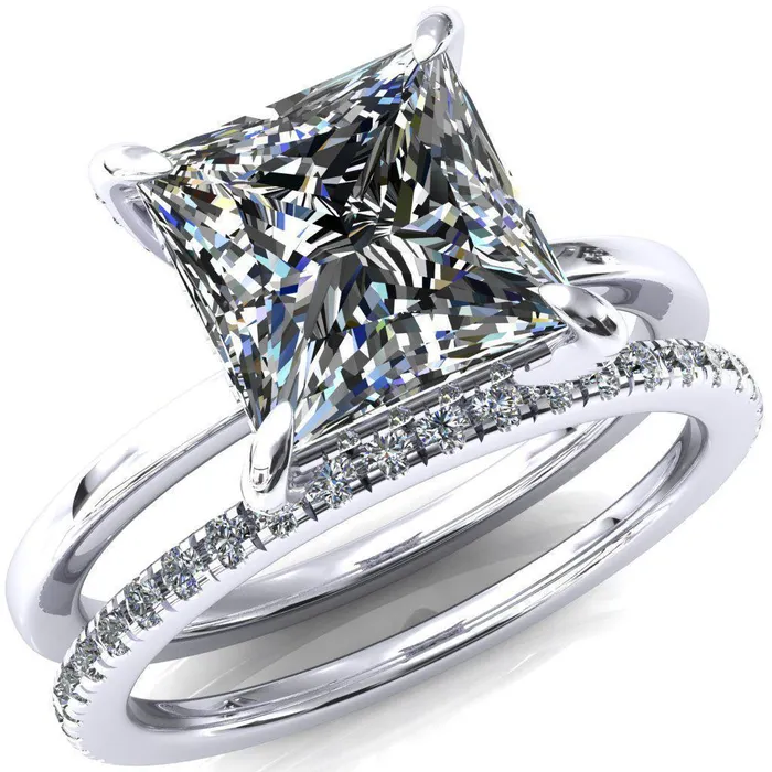 Fire Brilliance Rings Rosy PrincessSquare Moissanite 4 Claw Prong Single Rail Micropave Engagement Ring