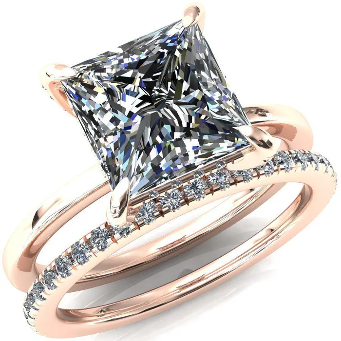 Fire Brilliance Rings Rosy PrincessSquare Moissanite 4 Claw Prong Single Rail Micropave Engagement Ring