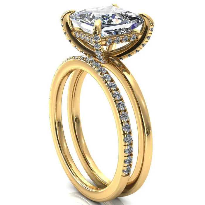 Fire Brilliance Rings Rosy PrincessSquare Moissanite 4 Claw Prong Single Rail Micropave Engagement Ring