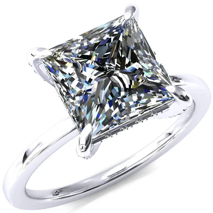 Fire Brilliance Rings Rosy PrincessSquare Moissanite 4 Claw Prong Single Rail Micropave Engagement Ring