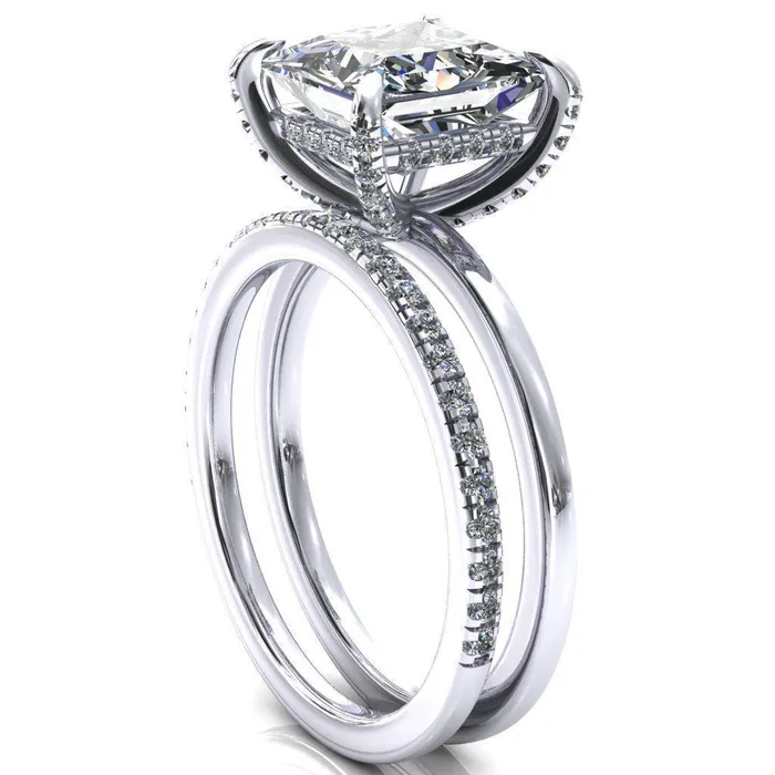 Fire Brilliance Rings Rosy PrincessSquare Moissanite 4 Claw Prong Single Rail Micropave Engagement Ring