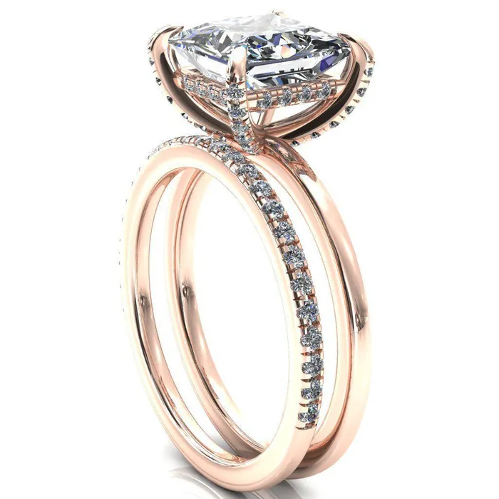 Fire Brilliance Rings Rosy PrincessSquare Moissanite 4 Claw Prong Single Rail Micropave Engagement Ring